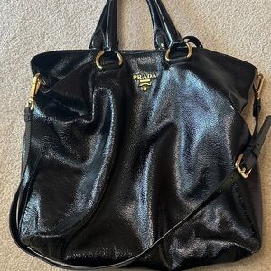 Prada Shiny Black Tote with Gold Accents